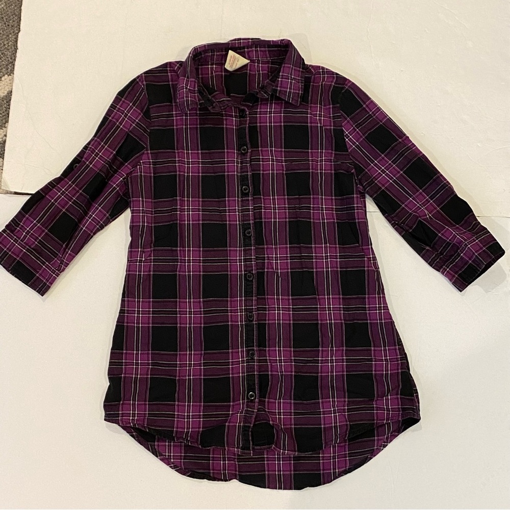 4/$20 Purple plaid shirt size medium, 10-12 xox